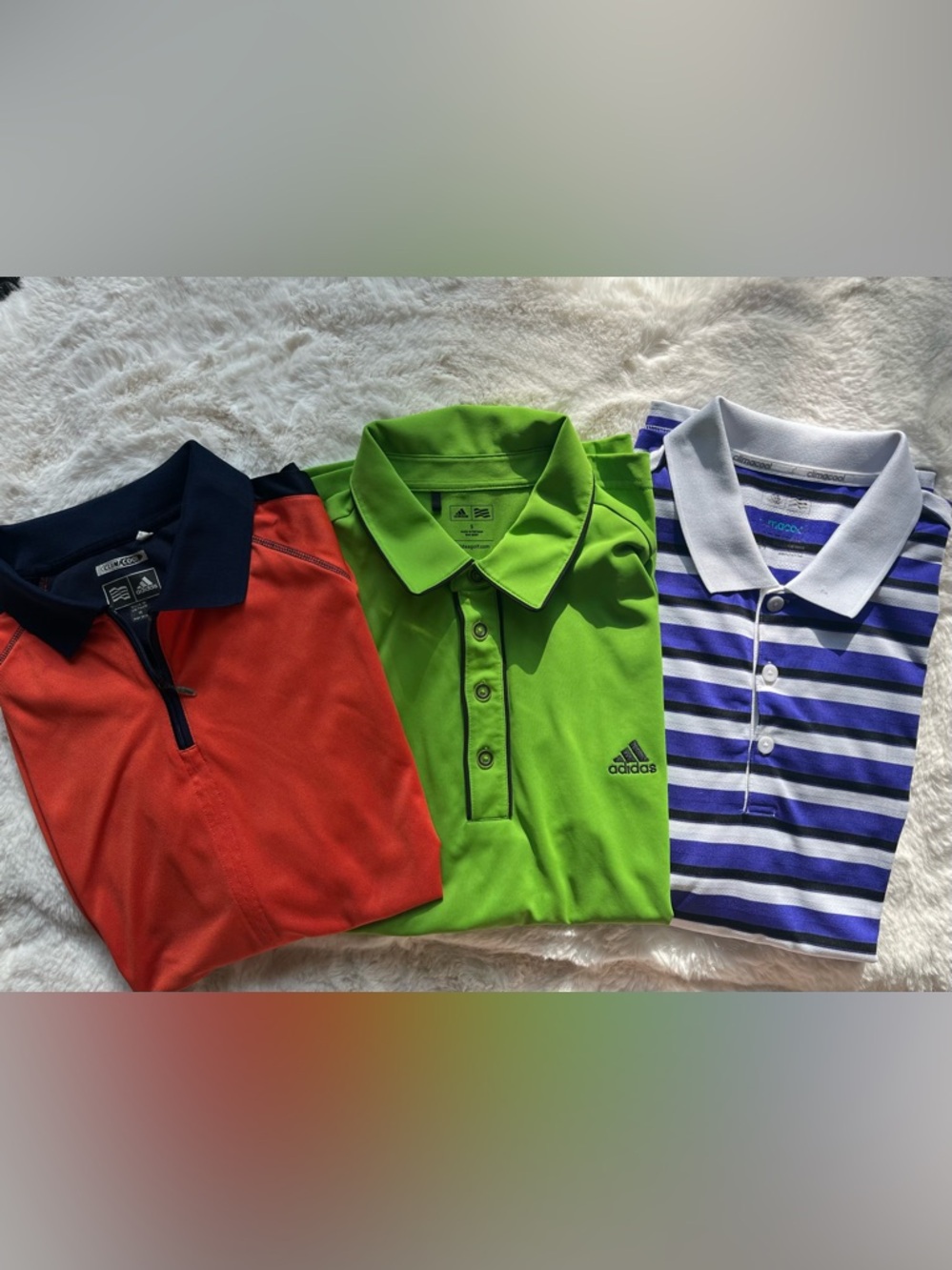 Lot of 3 Men’s Adidas Golf Polos: orange/navy, lime green/black, purple/white